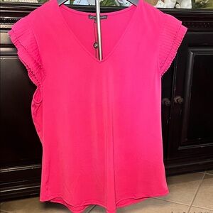 Bright Pink V-Neck Flutter Sleeve Blouse